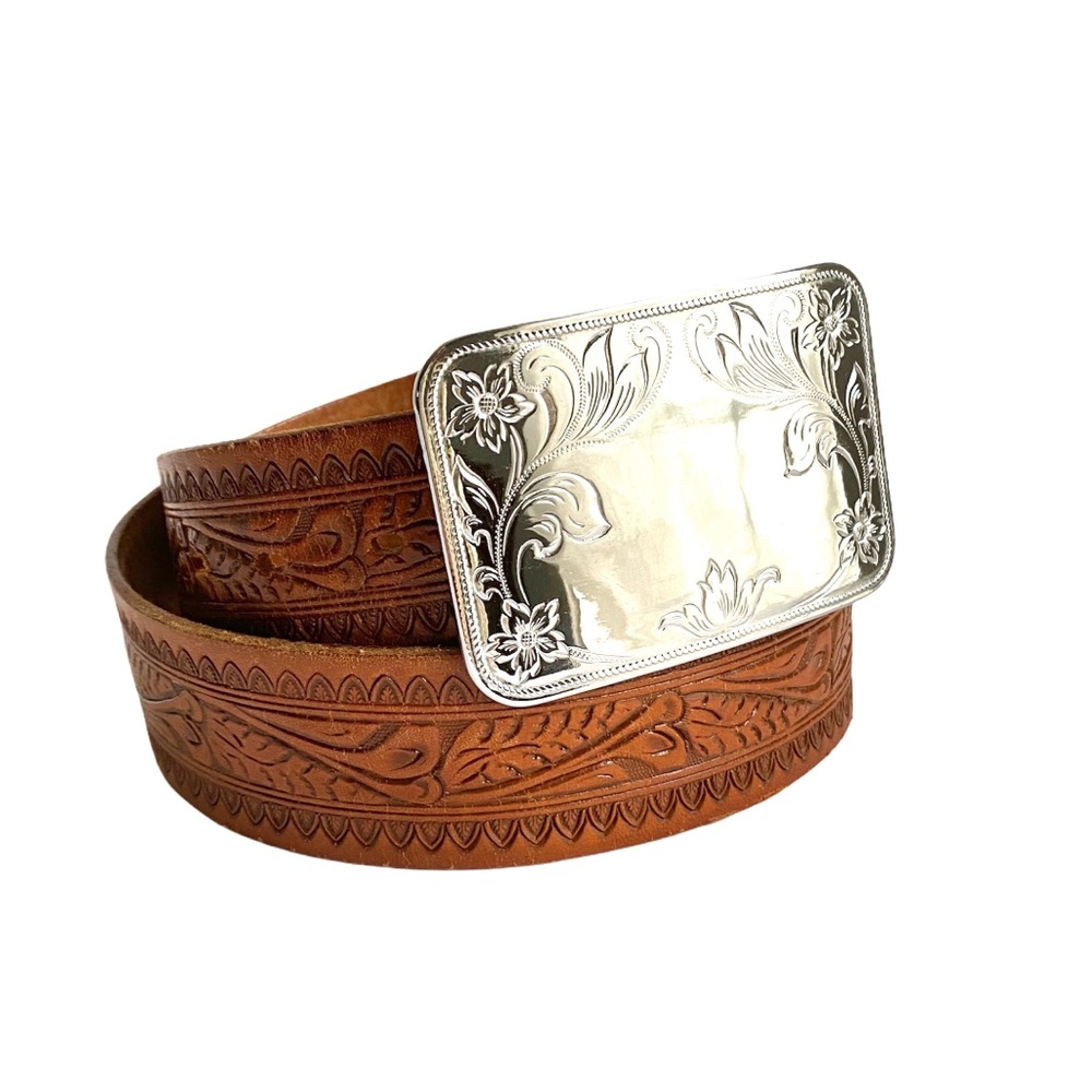 Vintage Tooled Brown Leather Belt Silver Western
